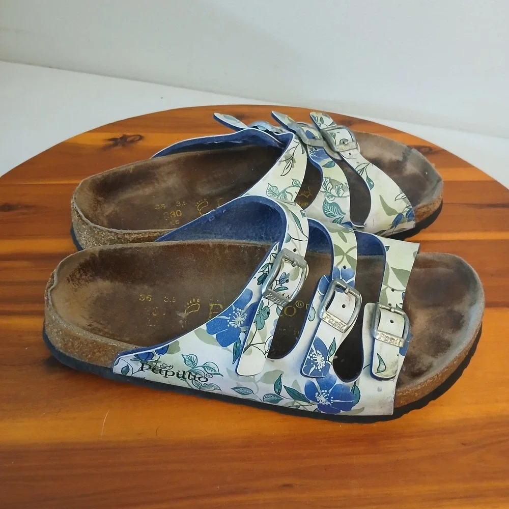 Papillio Birkenstock Florida Sandals Womens 36 Blue Floral Triple Strap Slides